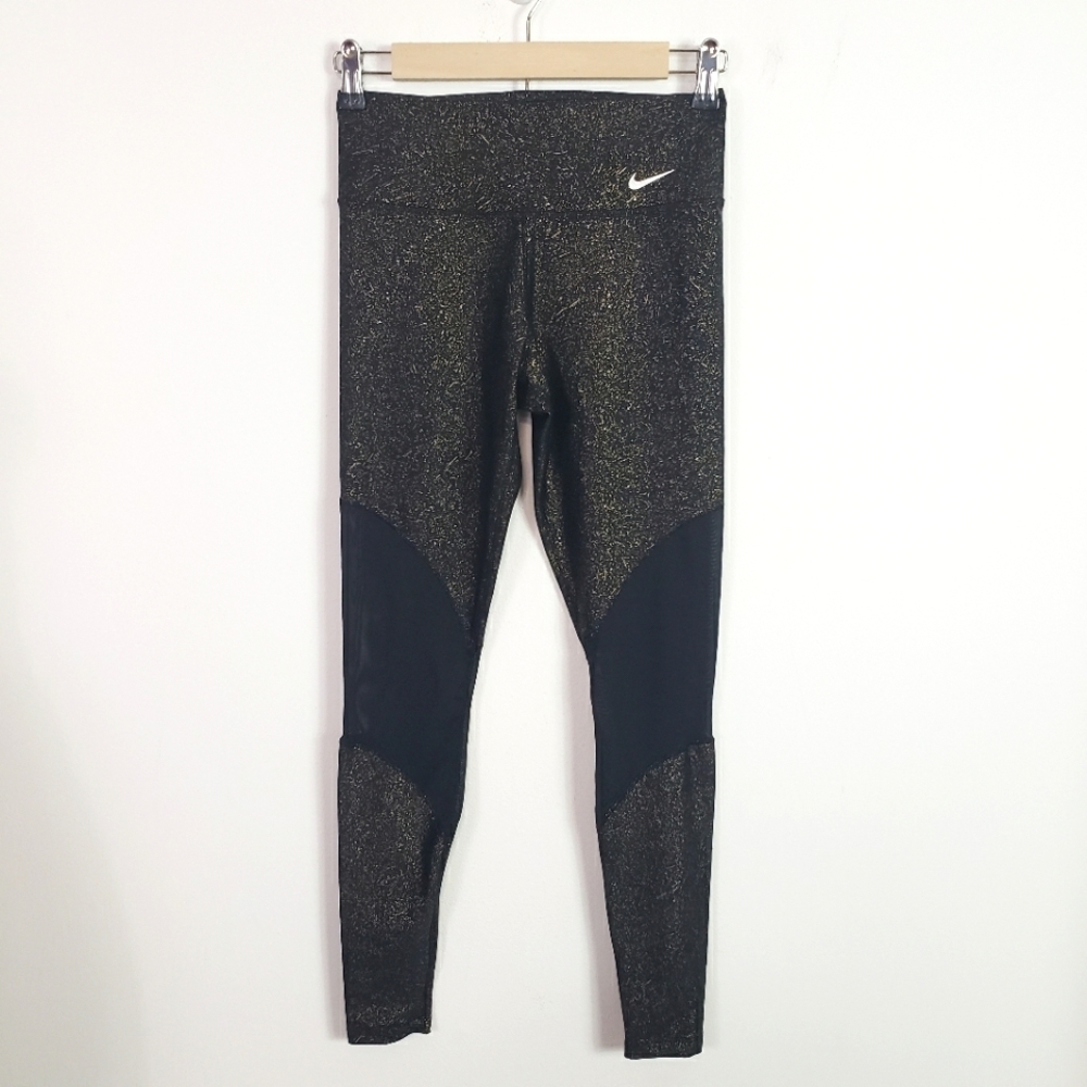 Nike black metallic gold athletic legging mesh panel splatter XS